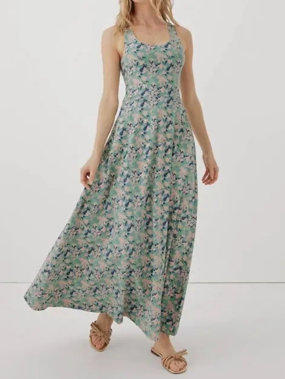 Pact Maxi Dress Medium Green Floral Organic Cotton Fit Flare Open Back Shelt Bra